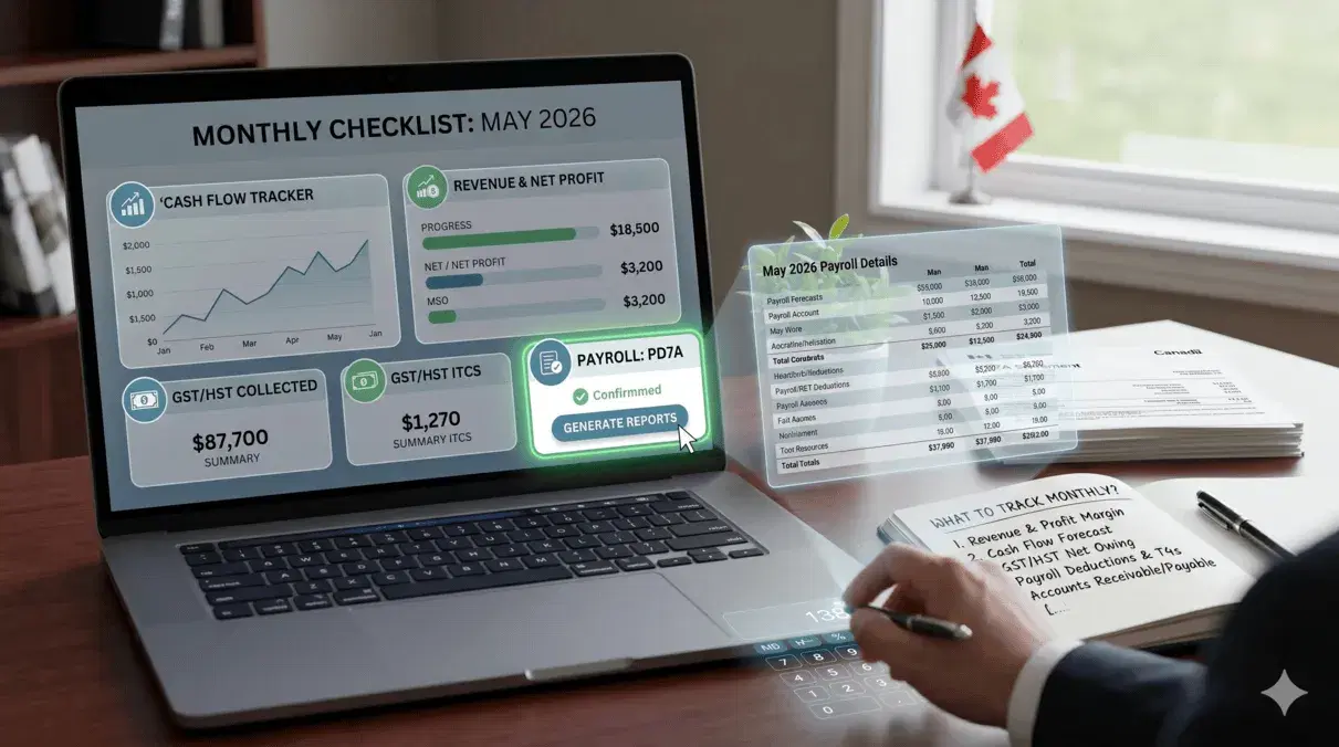 Canadian business owner reviewing monthly financial performance